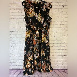 A New Day Black Floral Lined Cottagecore Boho Prairie Cowgirl Midi Dress Size L